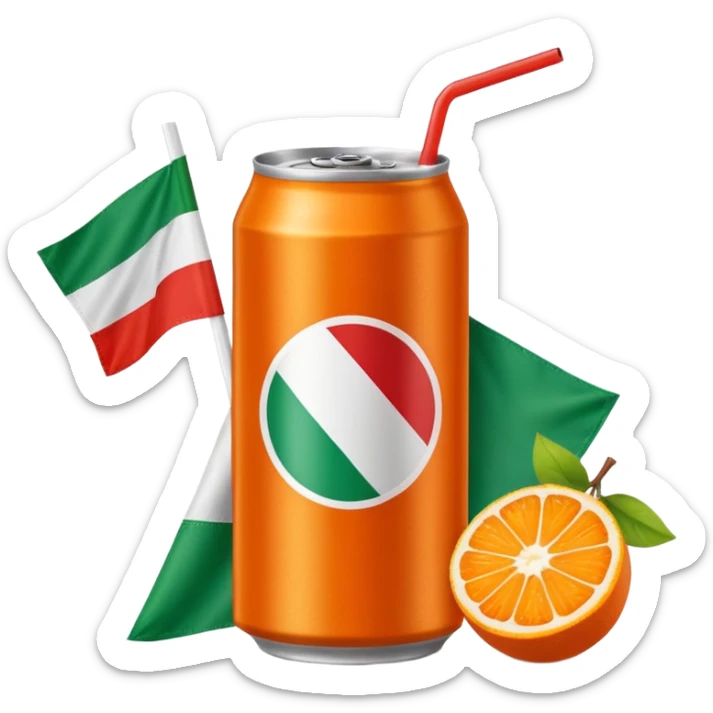 Orange Soda can with fruits on the cover and italian flag with a striped straw red and white  sticker