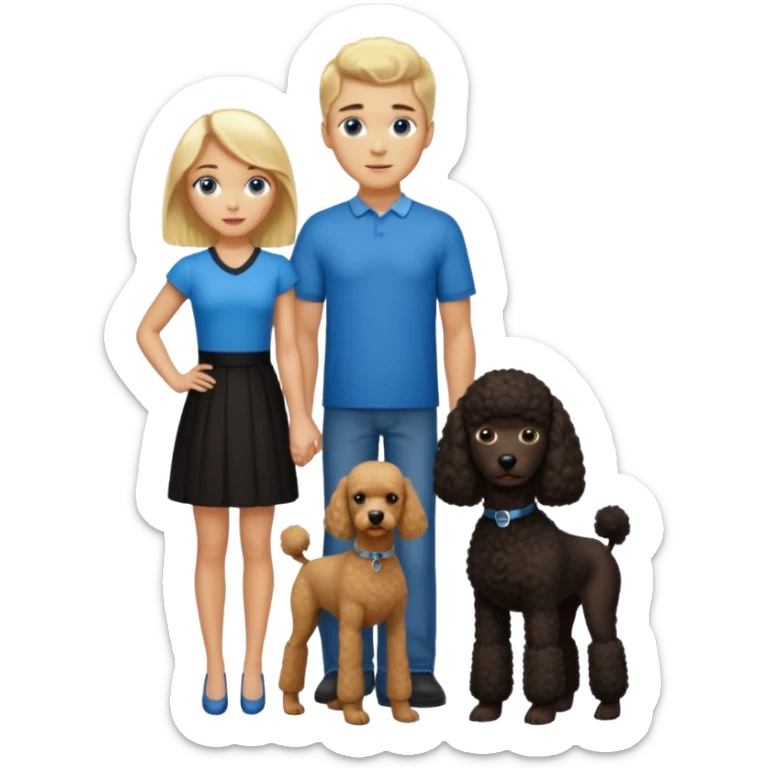 Create an emoticon depicting two people. One person is a tall man with blonde hair and blue eyes. The other is a shorter woman with dark brown hair, brown eyes and brown dark skin. Between them, there is a large black poodle standing. sticker