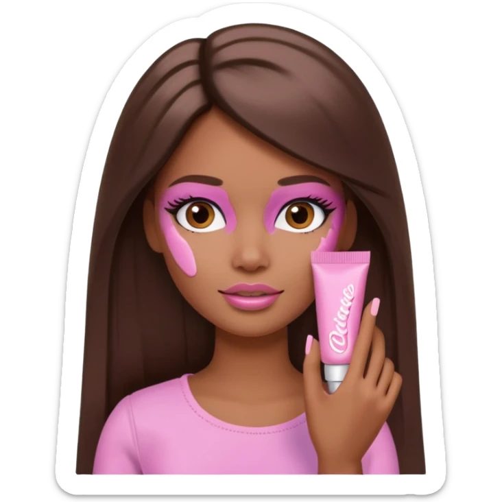 Barbie girl brown long Straight hair and brown eyes is In pale pink smears by hand cosmetic cream on her face sticker