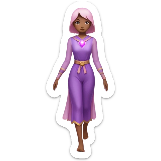 A small figure walks back across a foggy bridge, holding soft pink and purple orbs in each hand—symbolizing compassion and forgiveness. A gentle heart aura trails behind them, showing healing in motion. sticker