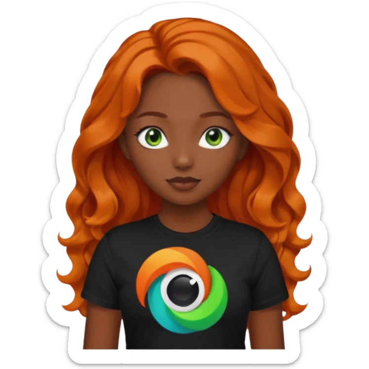 Girl with dark long orange wavy hair, green eyes, and black t-shirt with tiktok app on hand sticker