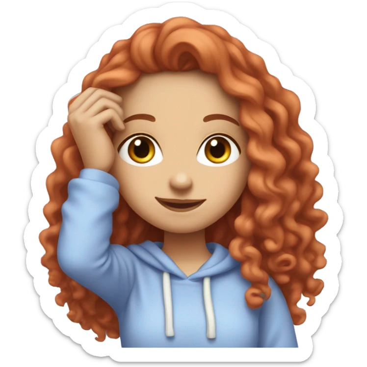 a white girl with long red curly hair, wearing a pastel periwinkle hoodie doing a pose sticker