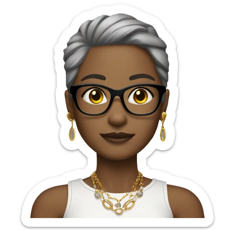 girl with gold jewelry and hoop earrings and make skin a bit lighter and hair gray add glasses  sticker