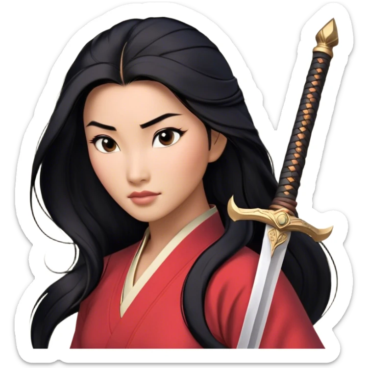 Cinematic Realistic Mulan Portrait, depicted with lifelike skin texture, soft natural lighting, and intricately detailed long black hair styled elegantly. Her deep, expressive eyes exude determination and grace, complemented by a serene yet confident expression. She stands with one hand resting on the hilt of her sword, the other by her side, exuding strength and poise. She is dressed in her classic attire, with rich fabric textures and delicate folds that catch the light beautifully. The portrait features a soft, enchanting glow with a natural, radiant finish, capturing the essence of timeless strength and beauty in a realistic and painterly style, evoking a sense of depth and authenticity. sticker
