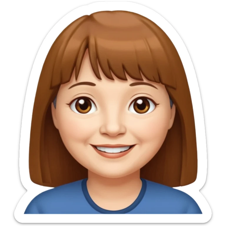 60 yr old woman, very small brown eyes, long straight brown hair, bangs, chubby sticker
