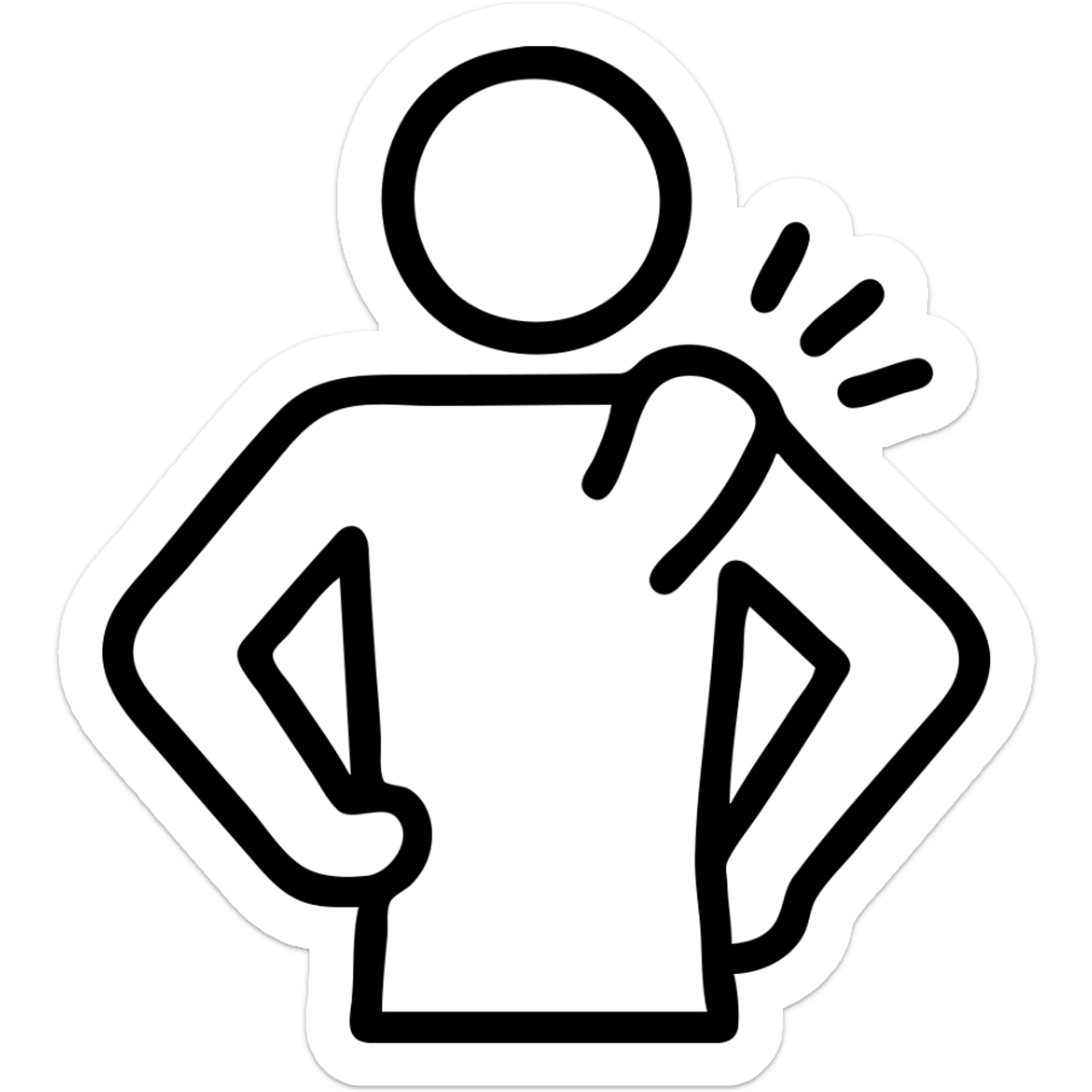 outlined icon of a man touching the back of his shoulder with one hand and the other hand on his waist, no fill, simple and clear black lines sticker