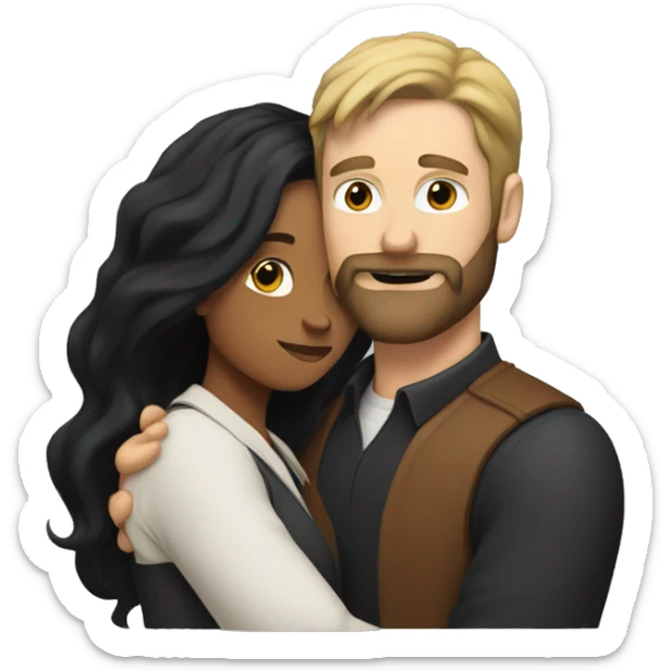 White man with black beard and long hair hugging brown woman with black hair  sticker