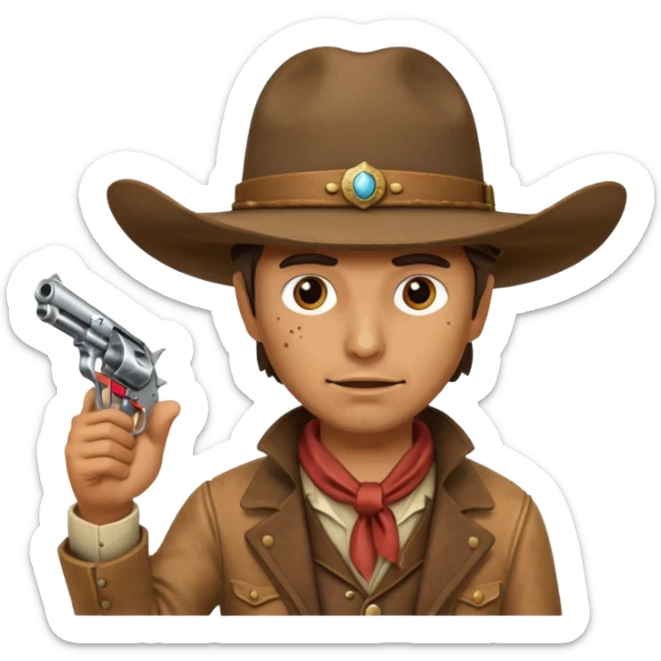 A cowboy pointing his revolver in your face  and saying, "Give me your money." sticker
