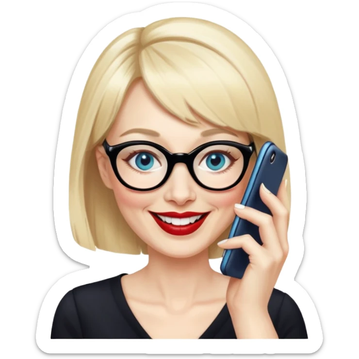 Woman in her early 50s with pale skin, wider face, blue eyes with eyeliner, thin eyebrows, red lipstick, blonde hair up with bangs, wearing black glasses. Laughing on a mobile phone  sticker
