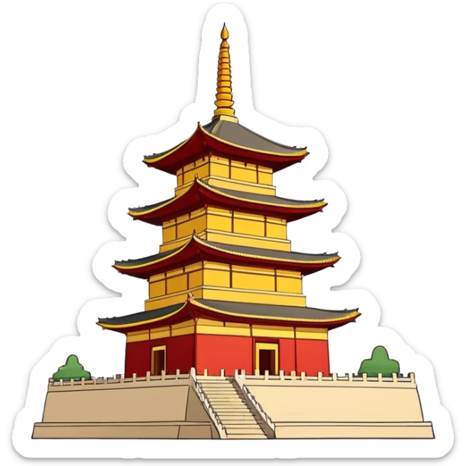 Giant Wild Goose Pagoda Xi'an, simplified emoji style with bold outlines and bright colors, cartoon style tall ancient Buddhist pagoda sticker