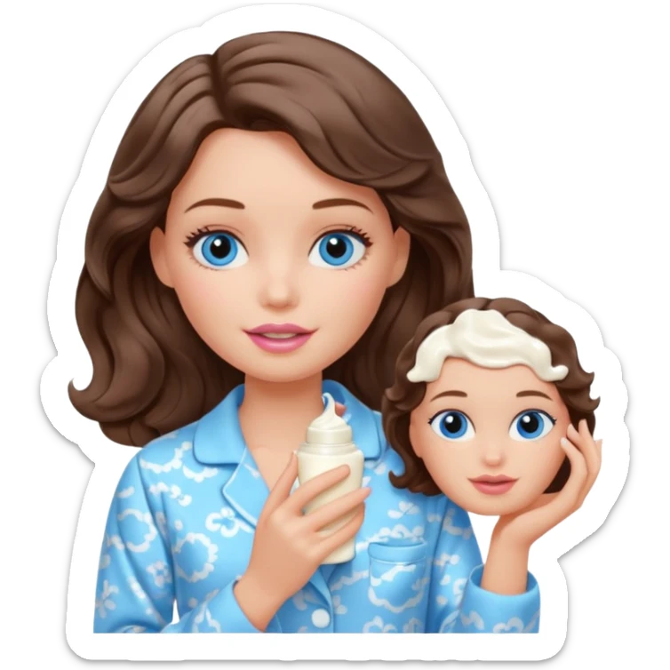 Barbie girl with makeup, blue eyes , and bob long haircut wavy, short brown hair in creamy color pajamas, face cream in hand sticker