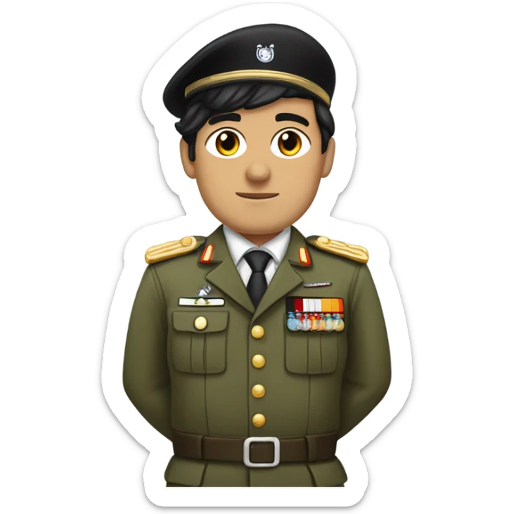 Man with black hair  in a military uniform but without hat and with a moustache and side-swept bangs and with his right hand raised up.And with white skin and Germany flag sticker