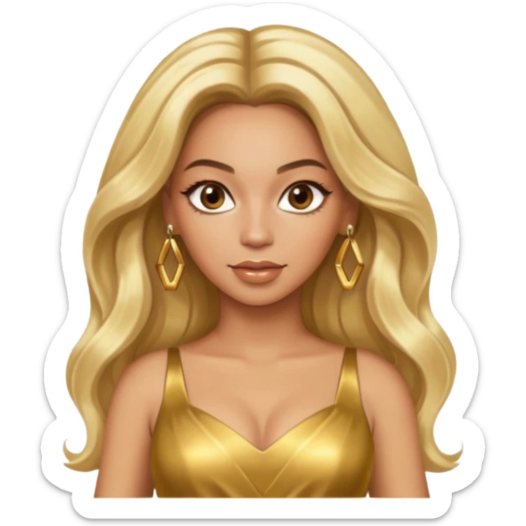 Beyonce hazel eyes, platinum blonde long hair, gold dress with earrings sticker
