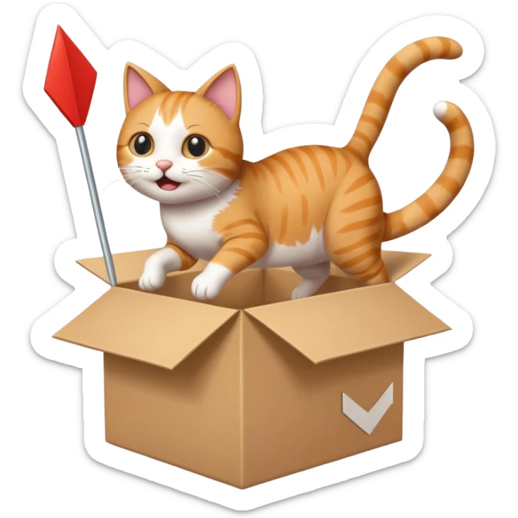 cat jumping out of a box with a white arrow showing the direction of the cat out of the box sticker