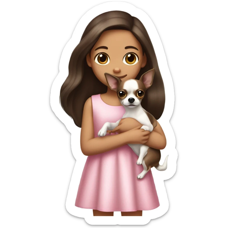 Little Girl with White skin, black eyes. Long brown hair with. She is wearing a pink and White dress, standing and holding on to a Chihuahua  sticker
