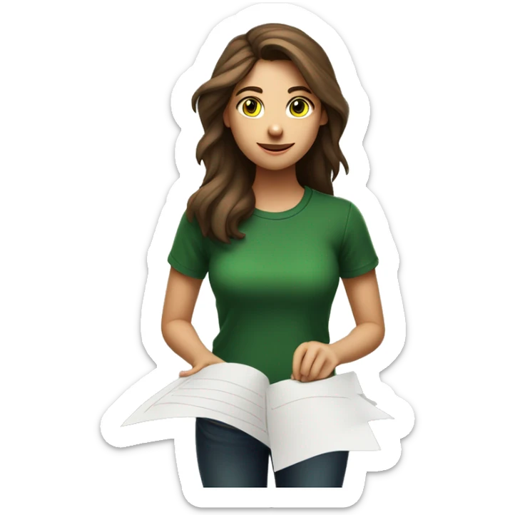 a brown-haired girl in a black T-shirt and green shirt holds a contract on paper in her upraised hand above her head sticker