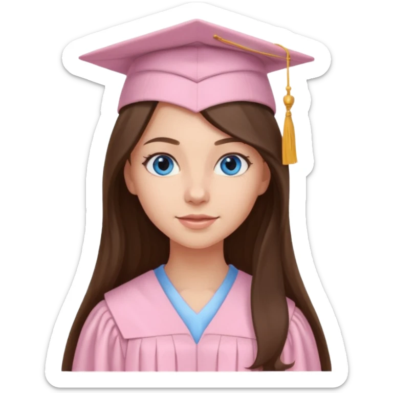 young brunette girl long hair, blue eyes and light pink gown and cap university graduate sticker