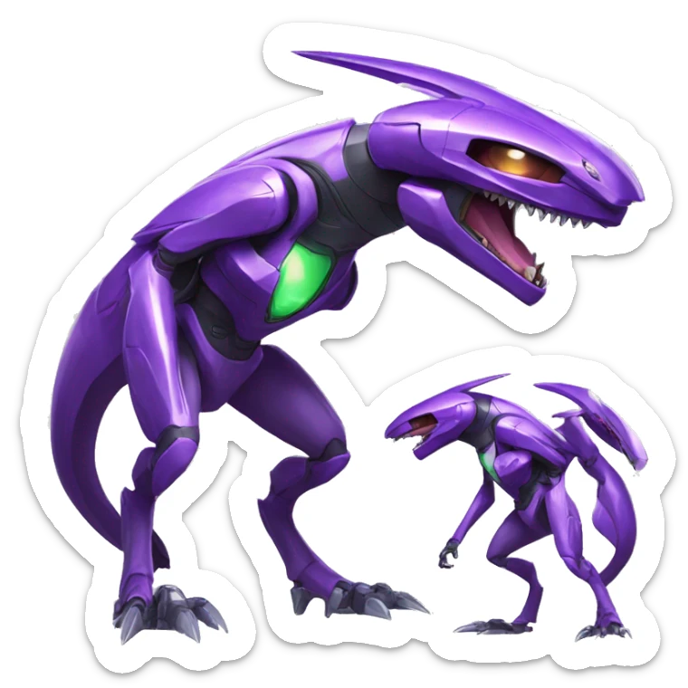 a shiny purple Genesect-Raptor-Fakémon—hybrid with a futuristic visor-helmet full body sticker