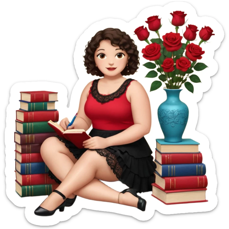 A plus-size brunette woman with short, dark brown curly hair is wearing a red sleeveless shirt and a black lace ruffled skirt. She is sitting on the floor with her legs crossed, holding a crayon in one hand. On the floor are five stacked colorful books and a glass vase with red roses. sticker