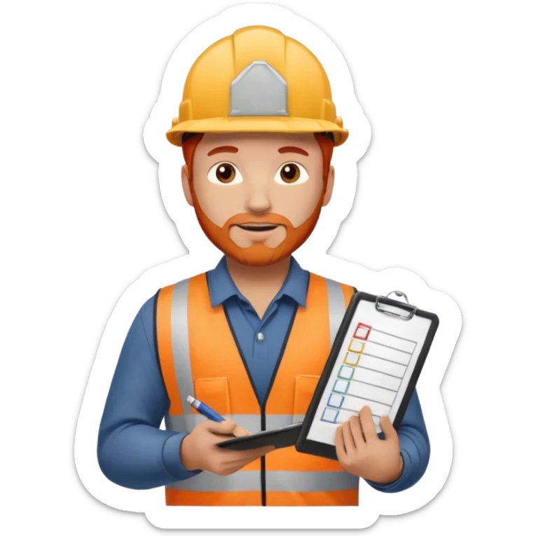 A safety construction worker who is male and has red hair, no beard but slight facial scruff from time to time. He needs a hard hat and maybe a clipboard with a check list for his safety checks. sticker