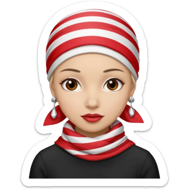 woman with red and white striped headscarf and black jewelry sticker