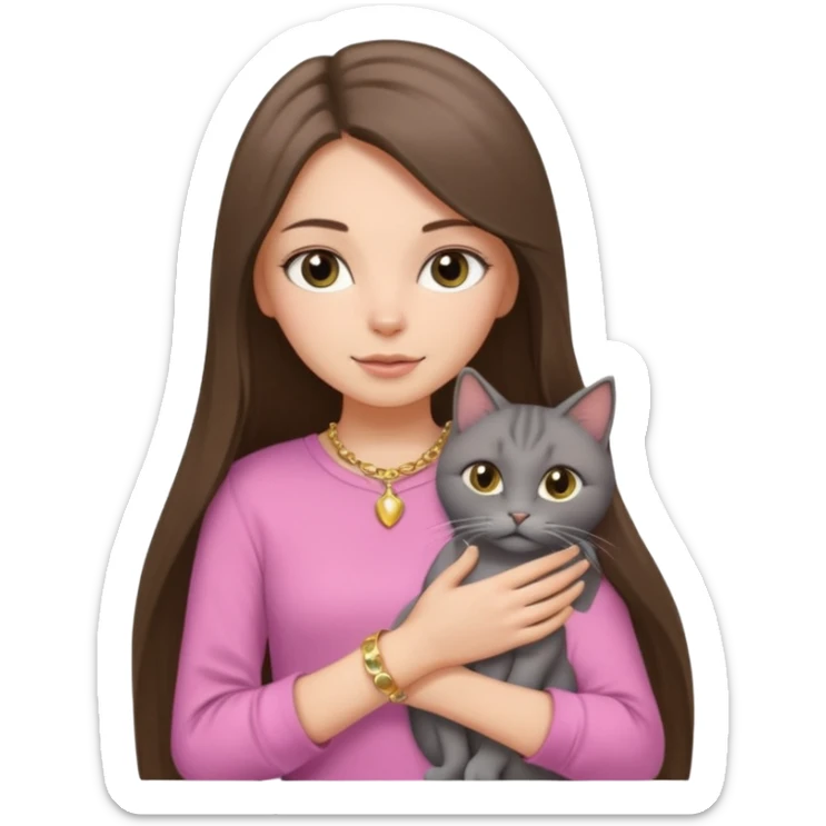 a white girl with brunette long straight hair holding a grey cat. the girl has long lashes and has on a pink shirt and gold jewelry. sticker