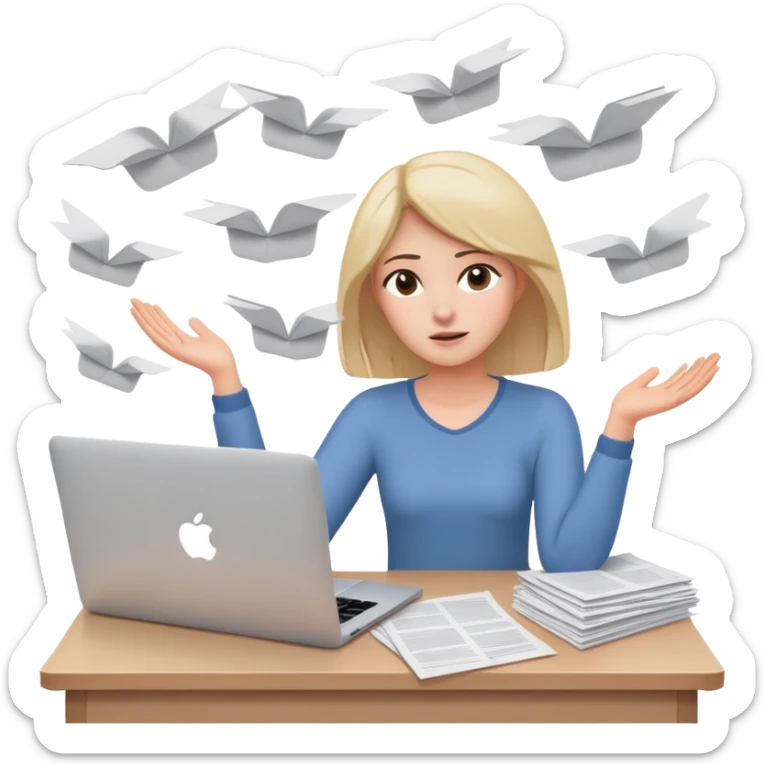 tired woman sitting at a desk with a MacBook, holding her arms out to the side, surrounded by flying papers sticker