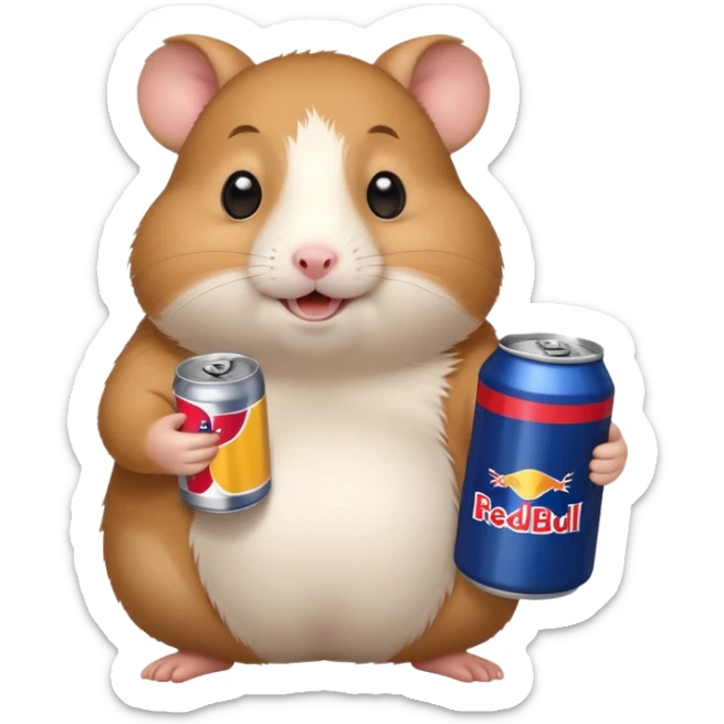 Funny cartoon-style fat hamster wide eyed with a can of redbull sticker
