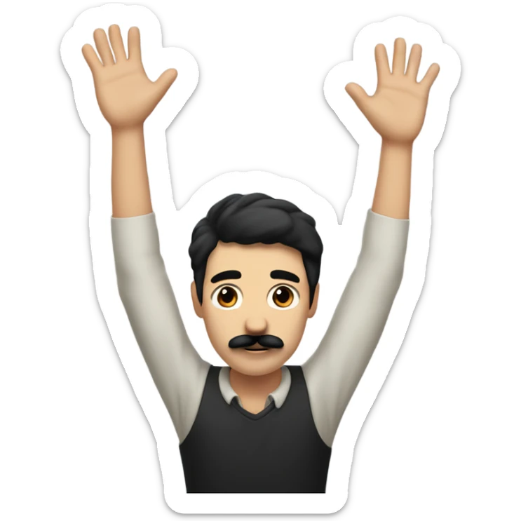 Man whit black hair and black square mustache and he is raising his hand sticker