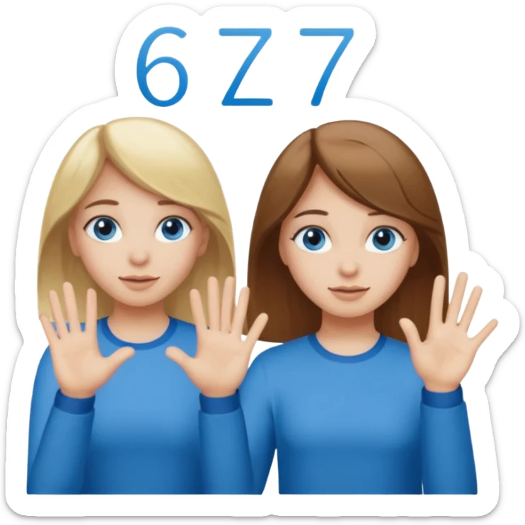 Two girls saying six seven one with brown hair. And doing hand movements  white skin six seven SAYING SIX SEVEN ONE WITH BLOND HAIR blue eyes SAYING SIX SEVEN sticker