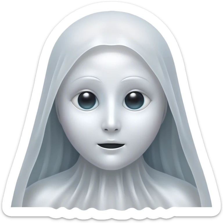 Cinematic Noble Ghost Portrait Emoji, Ethereal and dignified, with a flowing, translucent form in silvery-white hues, wispy and majestic, and a calm, otherworldly expression with deep, thoughtful eyes, simplified yet sophisticated features, highly detailed, glowing with a soft, spectral radiance, high shine, exuding regal mystery and quiet authority, with a soft glowing outline that captures the essence of a ghostly guardian drifting from another realm! sticker