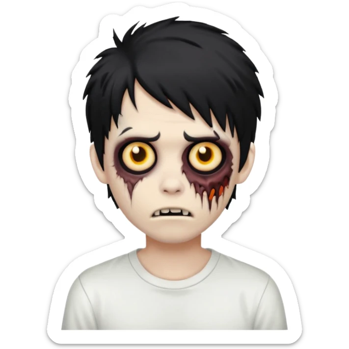 zombie boy with black shaggy hair, emo style, creepy and spooky face, white shirt, emoji style sticker