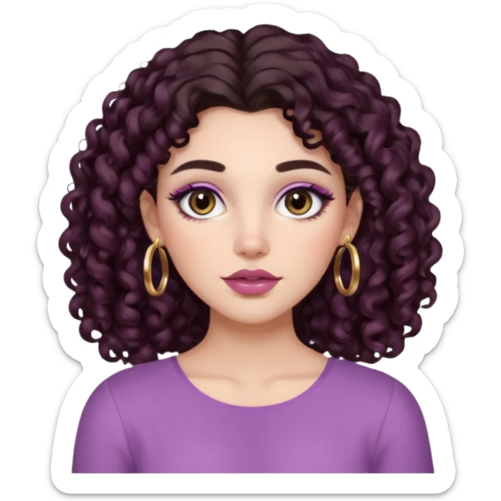 Woman with long dark brown curly 2b hair, big brown eyes, thick brows, fair/light-medium skin, rosy blush, glossy mauve lips, gold hoops, and soft natural glam makeup. sticker
