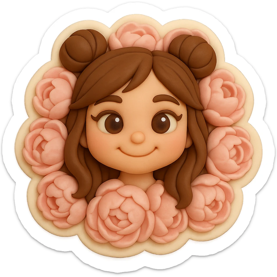 3D chibi fondant cake art style, high-quality rendering with smooth shadows and soft gradients. Girl based on reference image with preserved facial features and eye shape exactly as in the reference. Long brown hair in two space buns, brown eyes, thick white outline like a sticker, transparent background. Her smiling face is framed by a thick ring of giant soft pink peonies, only her head visible, flowers are lush and dense. sticker
