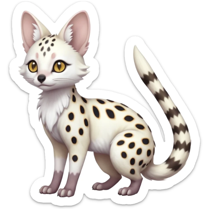 White Albino grey-spotted Serval-Civet-Genet-Trico-Furret-Linoone-Fakémon-Pokémon-animal-hybrid-fusion-creature (full body) with vibrant glowing eyes, cute, elegant, soft, realistic, pastel fur sticker