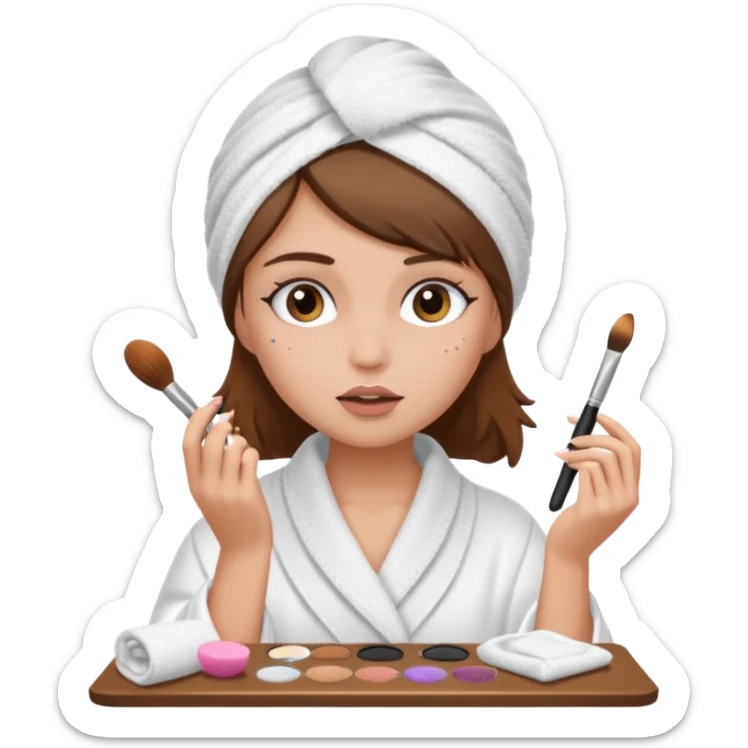 Girl with brown hair in white dressing gown and white towel wrapped in her head doing her makeup sticker