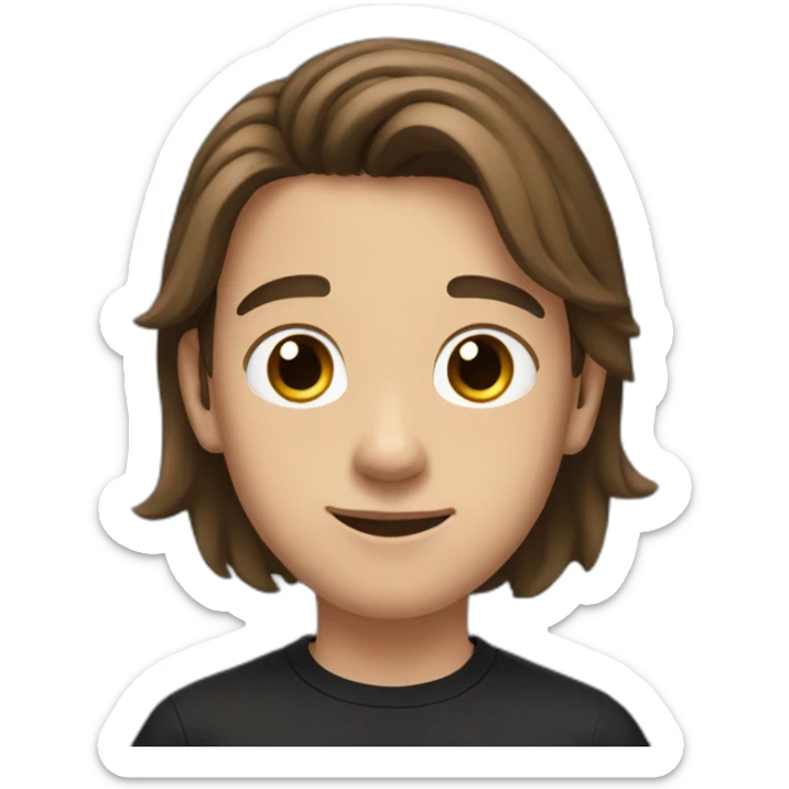a teenager boy with big brown eyes and middle part, long, coiled brown hair, wearing a black t-shirt with white airpods sticker