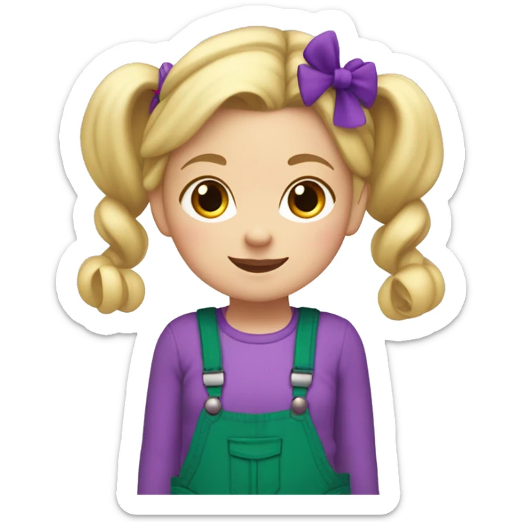 A little blonde girl with pigtails and little purple bows wearing a red long-sleeved shirt and purple overalls skirt with blue tights with green polka dots and purple sneakers. sticker