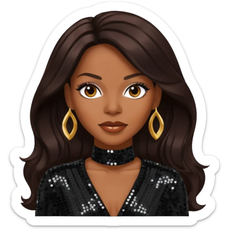 Dawn Robinson from En Vogue with long dark brown hair, black sequin outfit sticker