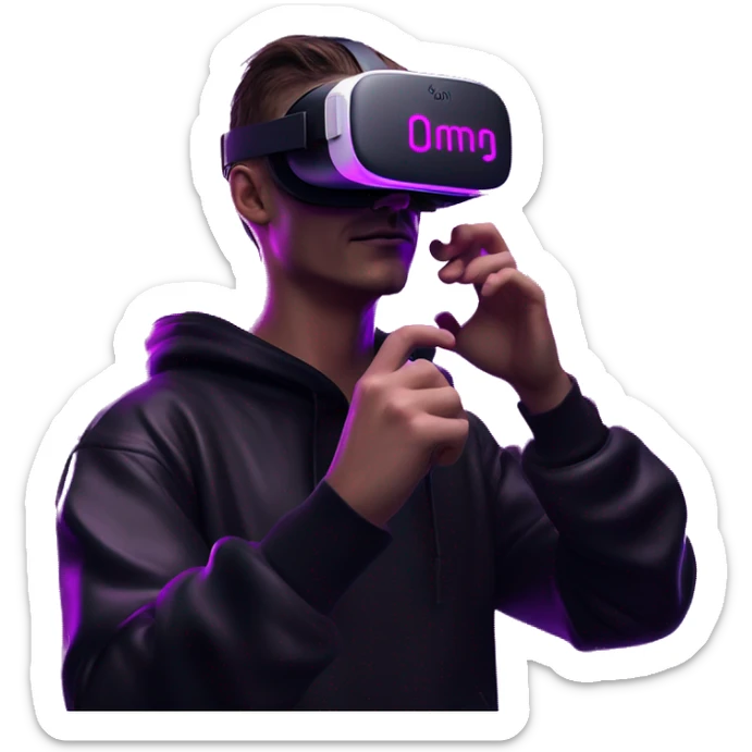 Russian man wearing a black hoodie with "OMG" letters on it and VR headset oculus quest 2 in a cyberpunk VR environment with violet neon lighting. Showing direction with hand sticker