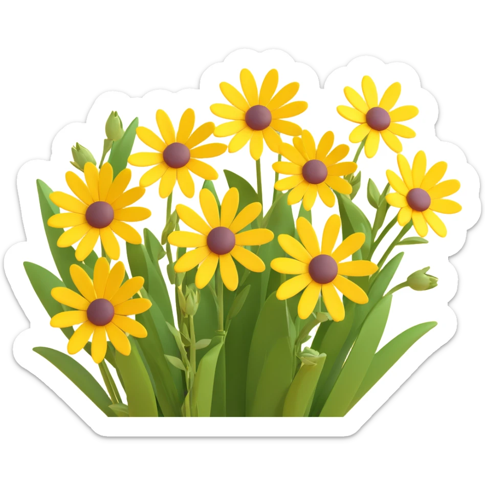 Redraw this photo of yellow wildflowers in 3D iOS style with wide-angle perspective, bright colors, realistic details, clean background, and modern look. sticker