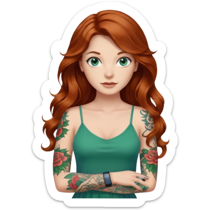 Long wavy Auburn hair woman BLUE eyes wearing green cami  dress and tattoo sleeve sticker