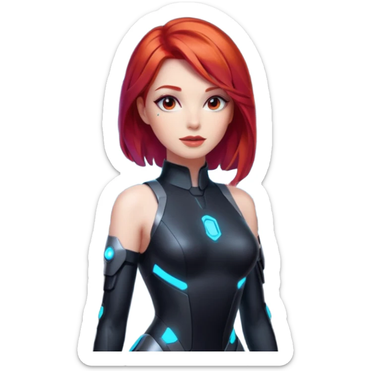 an AI agent, futuristic, digital, glowing, red hair, sexy dress sticker