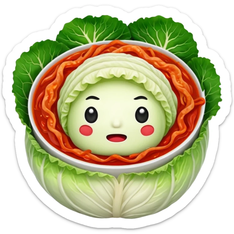Korean kimchi sliced cabbage, all parts red with red sauce, no face sticker