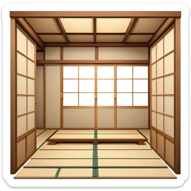 Traditional Japanese house with wooden structure, sliding shoji doors, tatami mats sticker