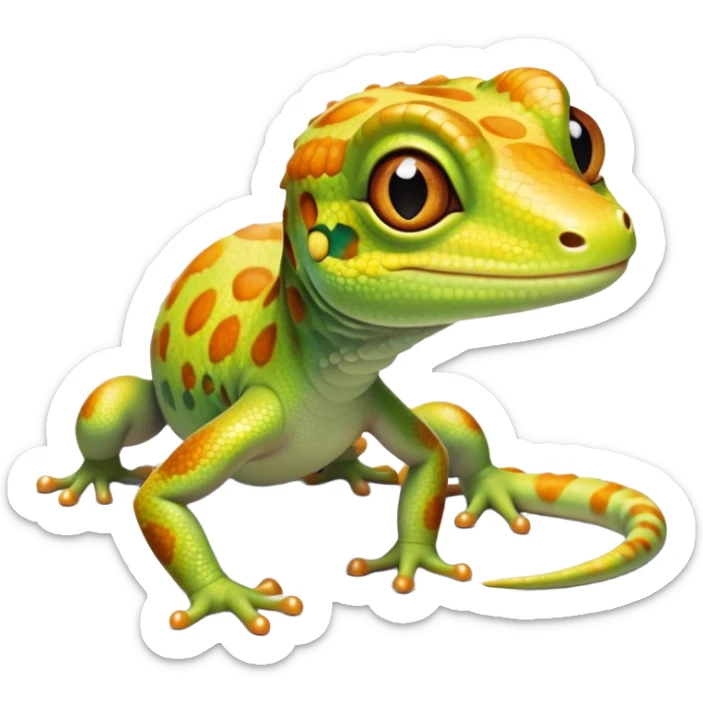 cinematic-cute-realistic gecko-portrait-emoji,-head-tilted-playfully-and-inquisitively,-featuring-a-small,-charming-body-with-smooth,-vividly-patterned-scales,-bright,-sparkling-eyes-and-delicate,-sticky-toe-pads,-simplified-yet-irresistibly-adorable sticker