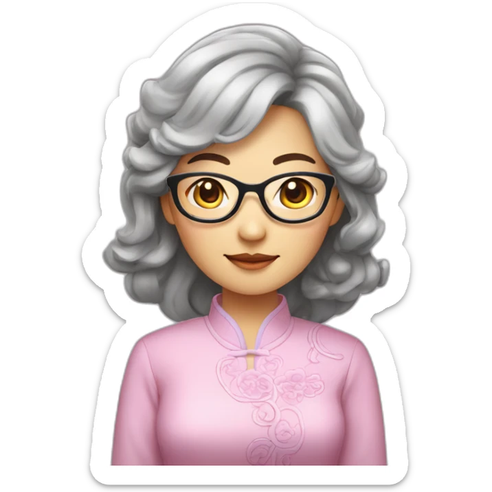 Chinese lady with like Lai gray hair wavy hair to the shoulder length where Chinese dress colourful dress wear glasses sticker