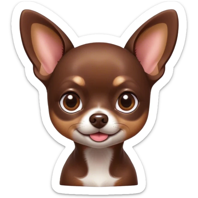 Cinematic Cute Chocolate Short Haired Chihuahua Portrait Emoji, Head tilted playfully and inquisitively, smooth chocolate fur with a lustrous sheen, round, sparkling dark eyes filled with curiosity, Simplified yet irresistibly adorable features, highly detailed, glowing with a warm, friendly glow, high shine, affectionate and lively, stylized with a touch of whimsy, bright and endearing, soft glowing outline, capturing the essence of a mischievous yet loving pup, so playful it feels like it could bound out of the screen and into your arms! sticker