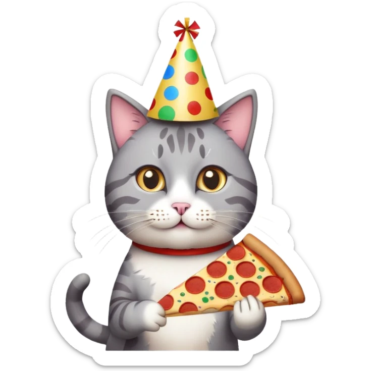 cat with a party hat, confetti around, holding a slice of pizza, college party vibe sticker