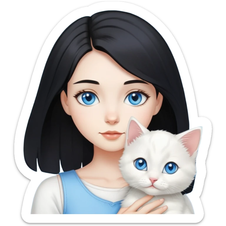 Chica con pelo negro hasta los hombros con gatito blanco con ojos celestes  sticker